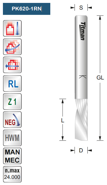 Spiralfräser HWM Z=1 D=1 L=4 GL=45 S=3 RL NEG