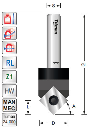 WP-Ziernutenfräser HW Z=1 D=17 L=8,5 A=45° GL=59 S=12