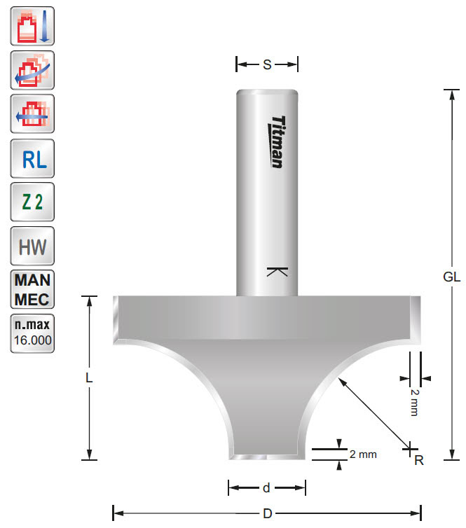 Abrundprofilfräser HW Z=2 D=60 d=15 R=20 S=12
