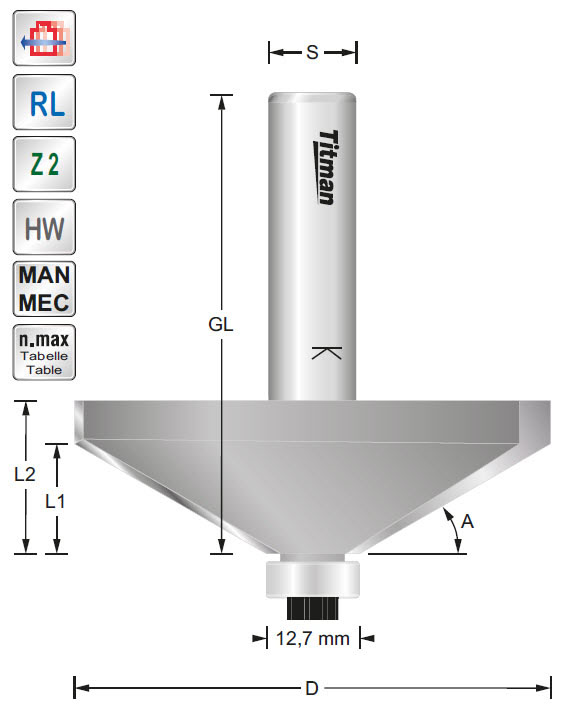 Fasefräser/Lager HW Z=2 D=65 d=12,7 L=13 A=15° S=12