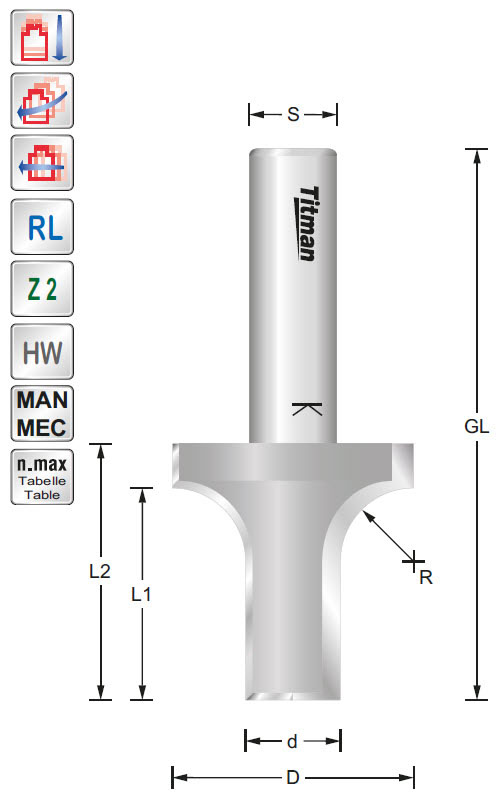 Abrundprofilfräser HW Z=2 D=32,7 R=10 L=35 S=12