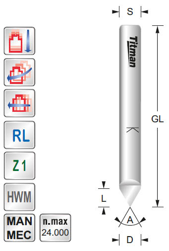 Schriftenfräser HWM Z=1 D=4 A=60° L=3,2 GL=50 S=4 RL