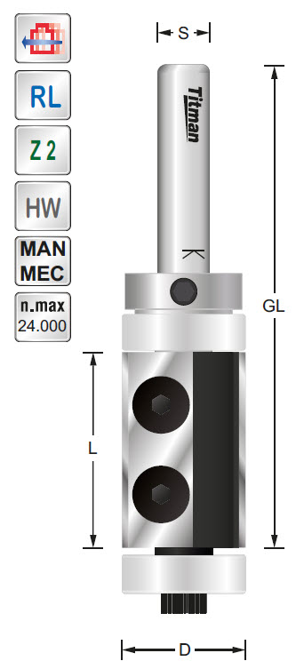 WP-Bündigfräser/Lager HW Z=2 D=19 L=50 GL=95 S=12