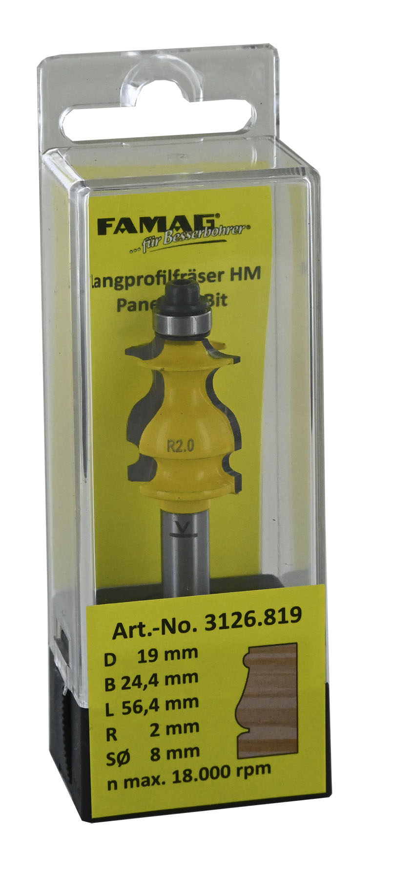 FAMAG HM-Langprofilfräser D19/32 B 24,4 R2 GL56 mm, SØ8 mm mit Anlauflager D9,5 mm