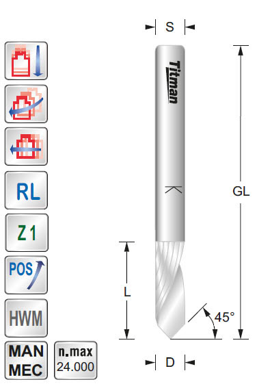 V-Nut-Spiralfräser HWM Z=1 D=10 A=45° L=35 GL=80 S=10 RL