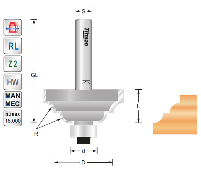 Profilfräser/Lager HW Z=2 D=38/12.7 R=4.8 S=8