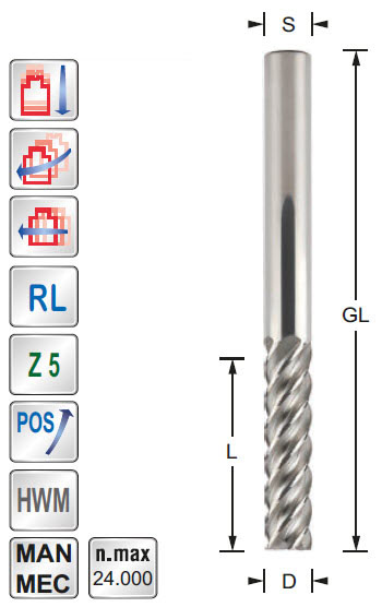 Spiralfräser HWM Z=5 D=10 L=40 GL=80 S=10 RL POS