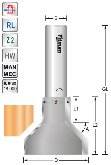 Abkantprofilfräser HW Z=2 D=36 C=14 A=45° L=32 S=12