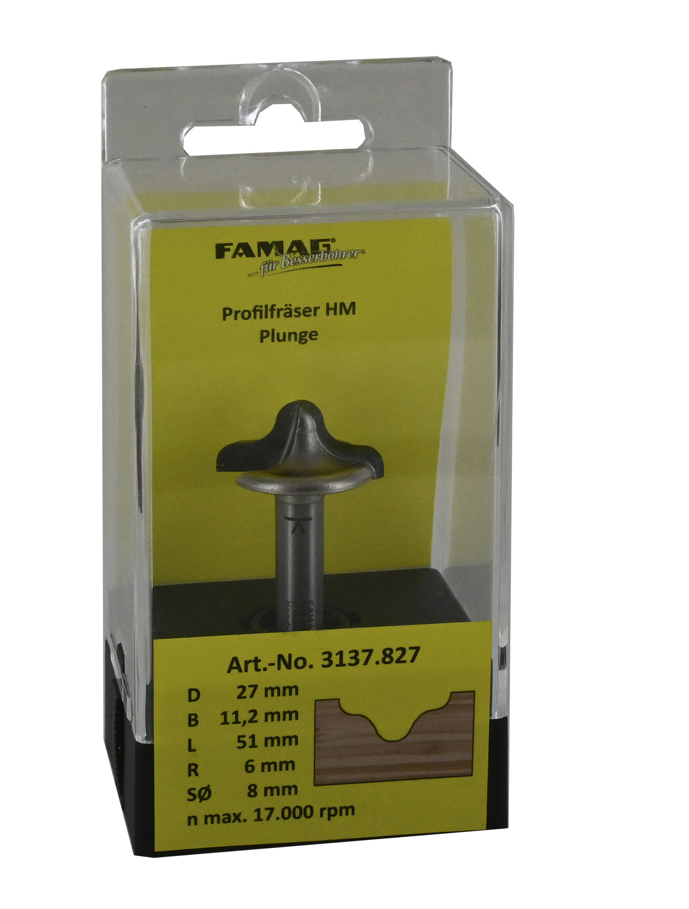 FAMAG HM-Profilfräser D27 B11,2 R6  GL 51 mm, SØ8 mm ohne Anlauflager