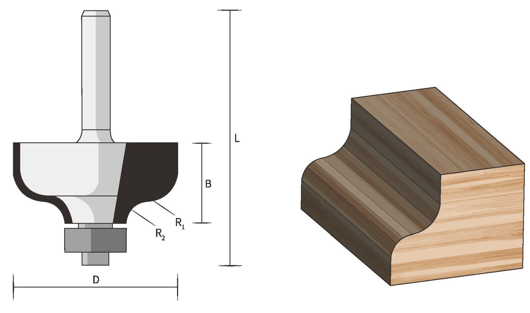 FAMAG HM-Profilfräser D34,9 B17,5 R6/5 GL 55 mm, SØ8 mm mit Anlauflager D12,7 mm