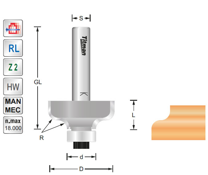 Profilfräser HW Z=2 D=30 R1=4 R2=4 L=12.7 d=12.7 S=8