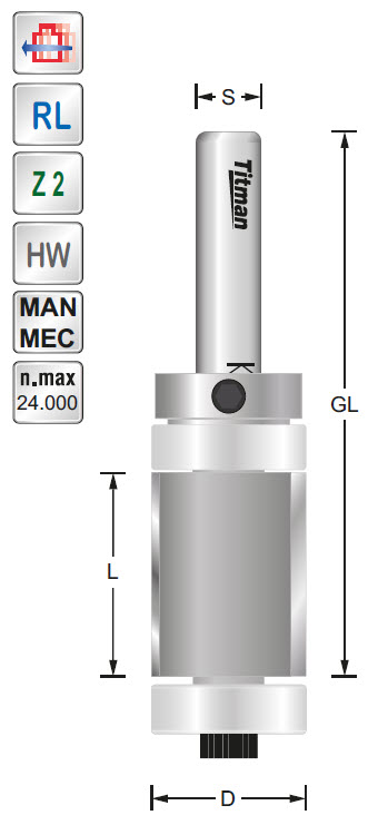 Bündigfräser/Lager beidseitig HW Z=2 D=19 L=50 S=12