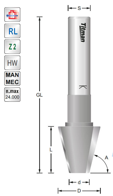 Fasefräser HW Z=2 D=23 d=10 L=25 A=75° GL=84 S=12