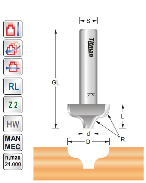 Profilfräser HW Z=2 D=19/5 R=4 L=11 GL=45 S=8