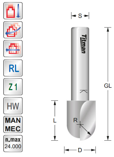 Hohlkehlfräser HW Z=1 D=3,2 R=1,6 L=9,5 GL=45 S=8