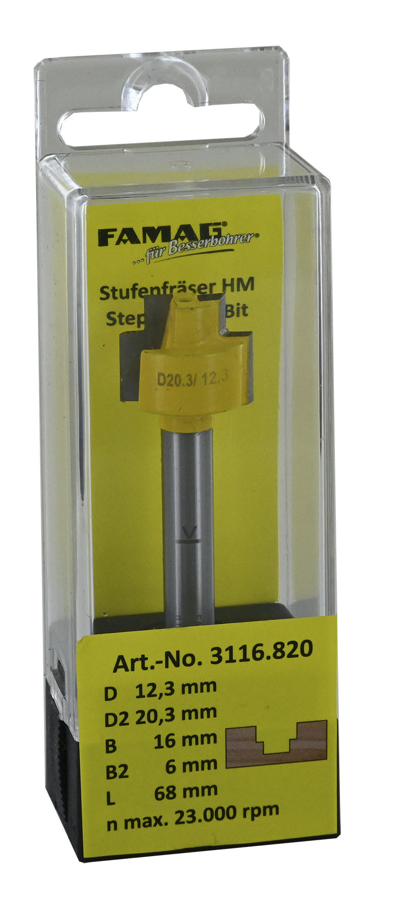 FAMAG HM-Stufenfräser D12,3/20,3 B16/6 GL68 mm, SØ8 mm ohne Anlauflager