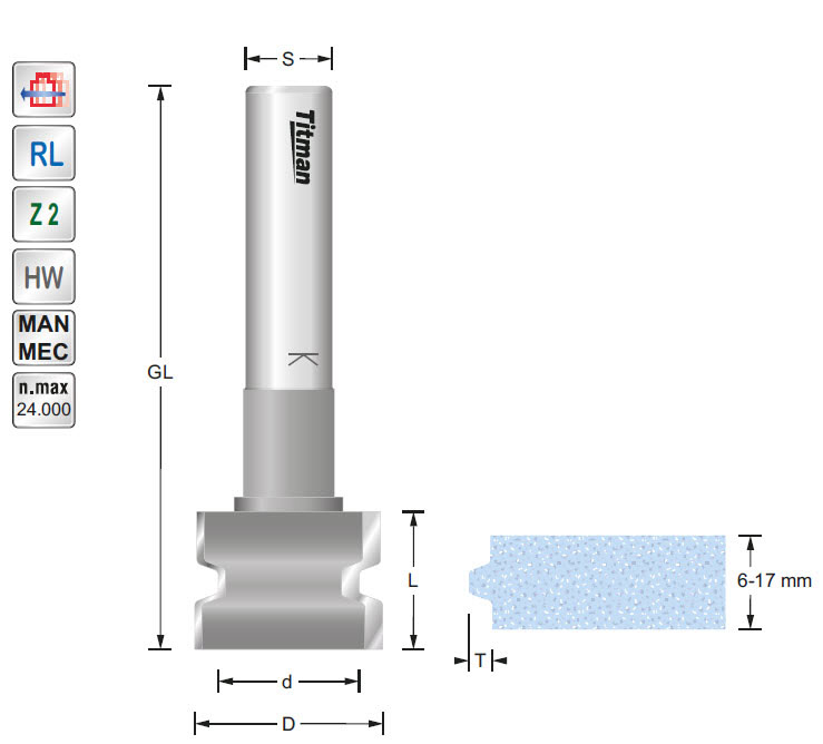 Nut-/Federfräser HW Z=2 D=25 d=20 L=19 T=3 C=6-17 S=12