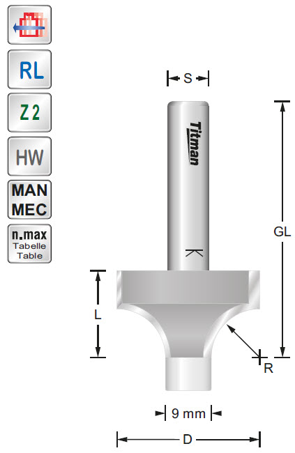 Abrundfräser/Zapfen HW Z=2 D=35 R=12 L=19 S=8