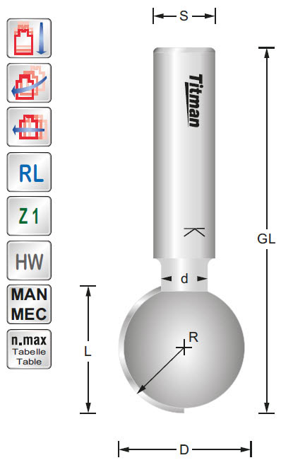 Kugelfräser HW Z=1 D=12.7 d=6.5 S=8