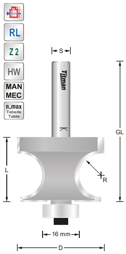 Stab-/Eckleistenfräser HW Z=2 D=20 L=12 R=2 S=8