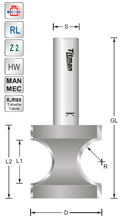 Halbstabfräser HW Z=2 D=34 R=10 L=34 GL=76 S=12