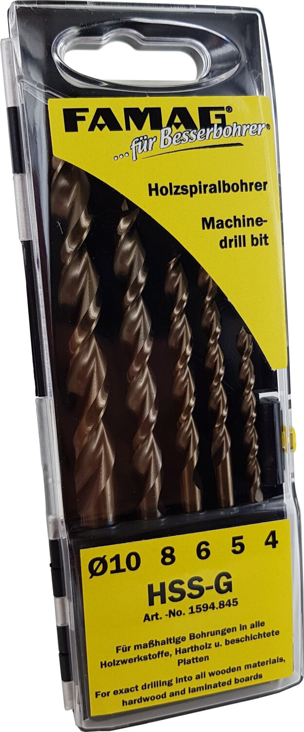 FAMAG Holzspiralbohrer Set HSS-G 5-tlg., in Kunstst.-Box 4-5-6-8-10 mm
