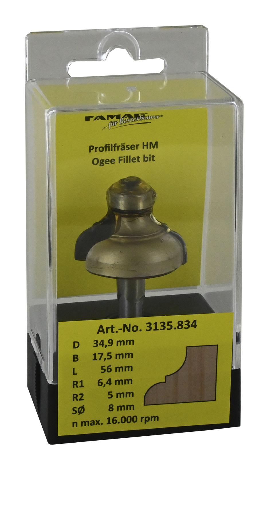 FAMAG HM-Profilfräser D34,9 B17,5 R6,4/5 GL 56 mm, SØ8 mm mit Anlauflager D9,5 mm