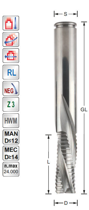 Schruppfräser HWM Z=3 D=10 L=32 GL=80 S=10 RL NEG
