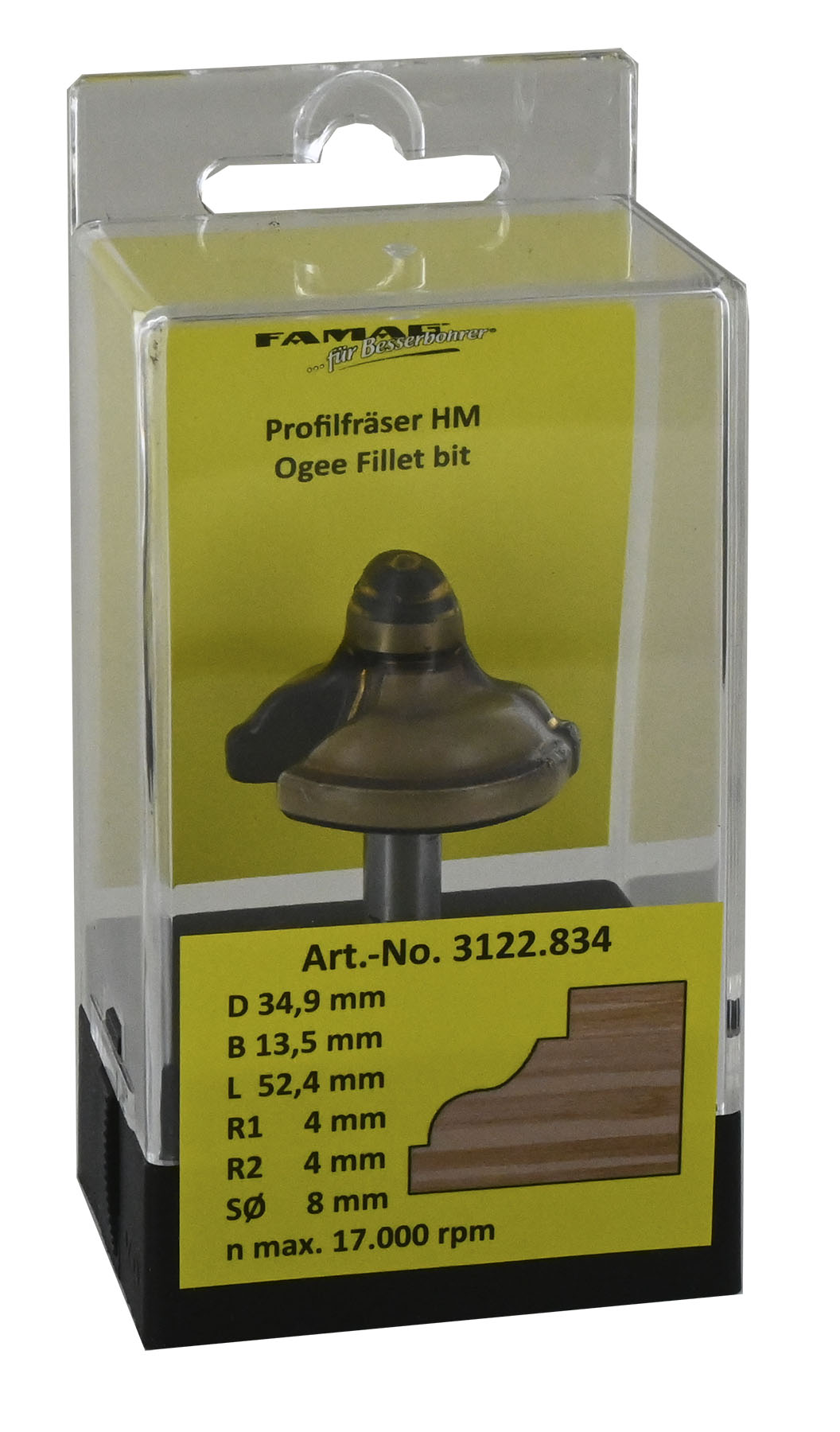 FAMAG HM-Profilfräser D34,9 B13,5 R4/4 GL 52 mm, SØ8 mm mit Anlauflager D12,7 mm