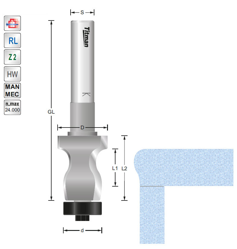 Schwallrandfräser/Lager HW Z=2 D=25 L=20 L1=12 S=12