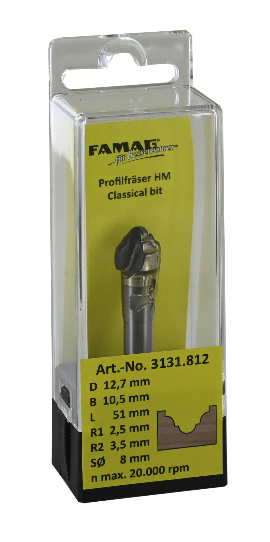 FAMAG HM-Profilfräser D12,7 R2,5/3,5 GL 51 mm, SØ8 mm ohne Anlauflager