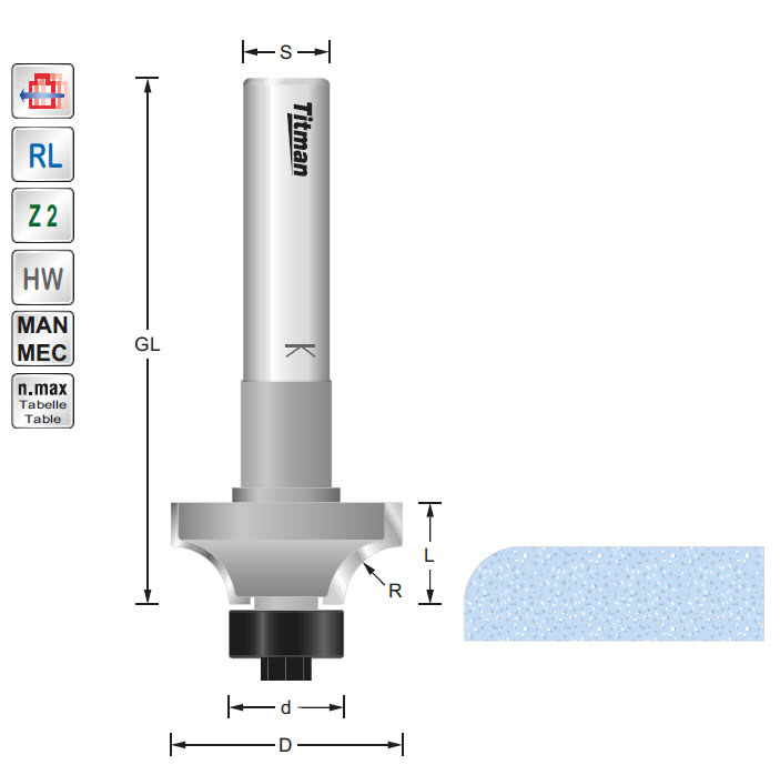 Abrundfräser/Lager HW Z=2 D=41 L=19 R=12.7 S=12